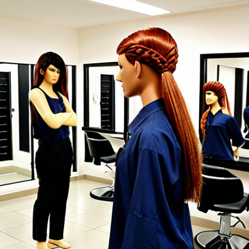 Home 4 **Prompt:** Interior of a modern Italian hairdressing school. Focus on students practicing haircutting techniques on mannequins. Include diverse hairstyles and tools. The atmosphere is bright and engaging, reflecting passion and creativity. Italian setting.