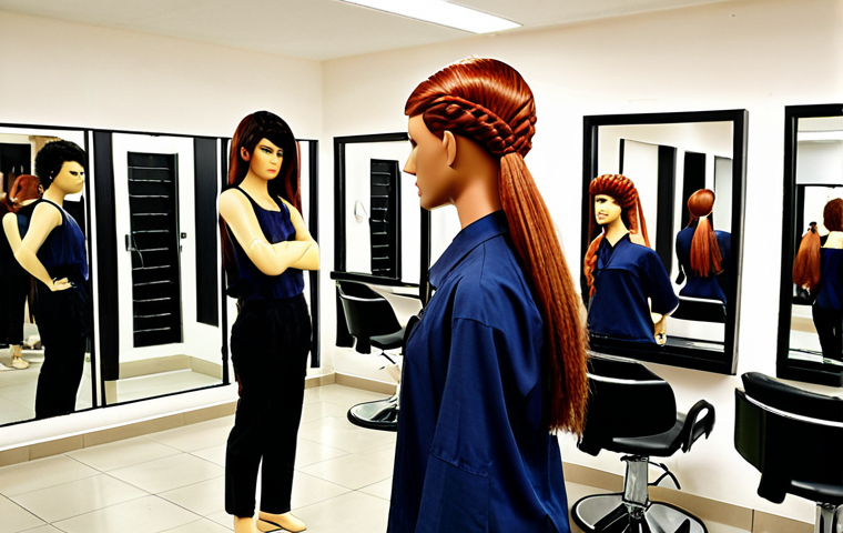 **Prompt:** Interior of a modern Italian hairdressing school. Focus on students practicing haircutting techniques on mannequins. Include diverse hairstyles and tools. The atmosphere is bright and engaging, reflecting passion and creativity. Italian setting.