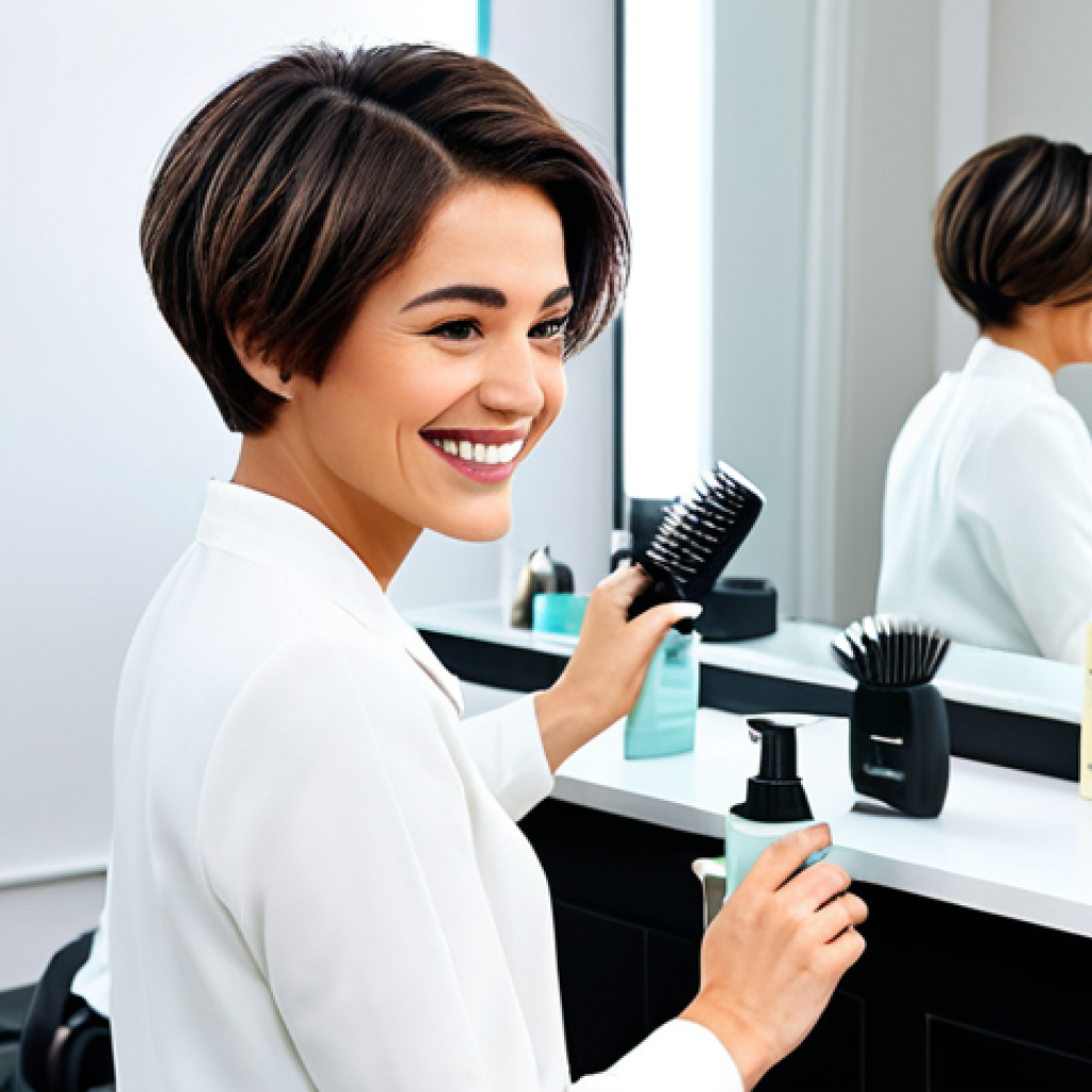 헤어디자이너 실수와 극복 사례 - Styling Transformation**

A woman with a short, modern haircut in a bright, airy salon. She's smilin...