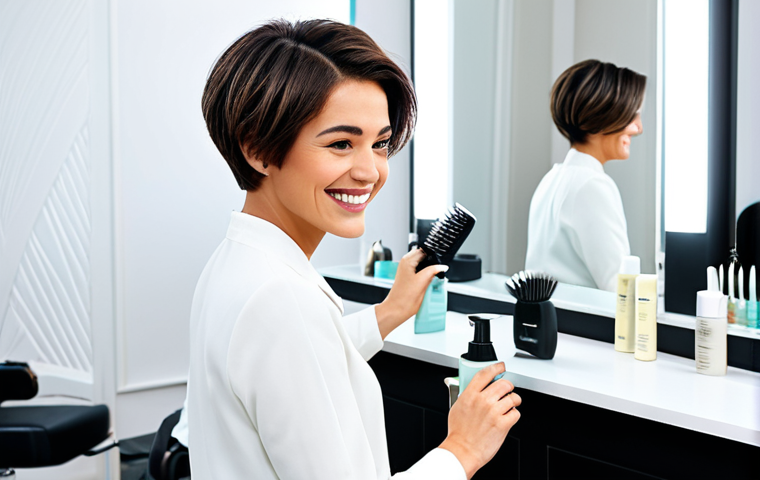 헤어디자이너 실수와 극복 사례 - Styling Transformation**
A woman with a short, modern haircut in a bright, airy salon. She's smilin...