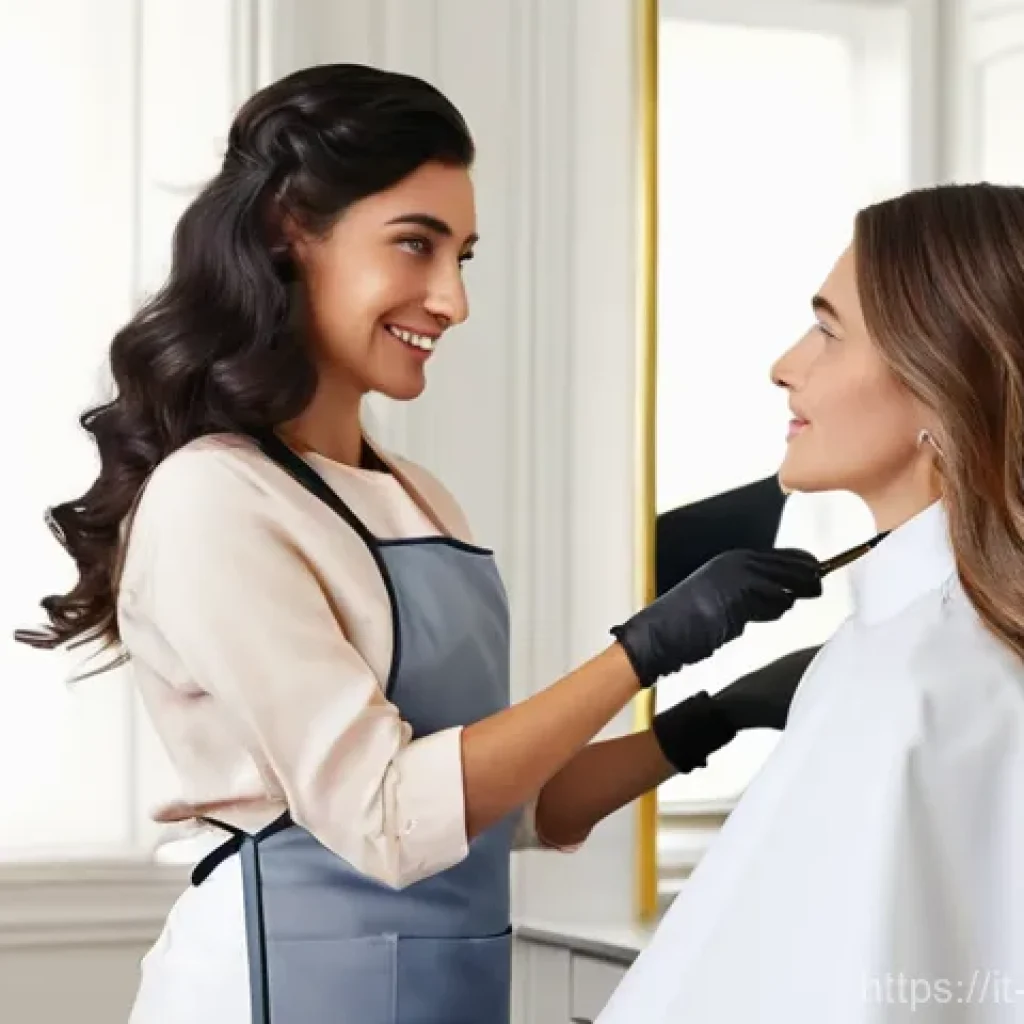 헤어디자이너 전문과정 학원 추천 - **Prompt:** "A stylish Italian female hair stylist, in her late 20s, with a chic professional apron,...