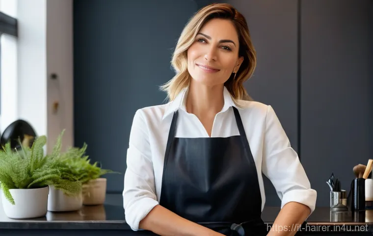 헤어디자이너 스트레스 관리법 - **Prompt:** A serene Italian female hairdresser, in her late 30s, taking a brief moment of mindful c...