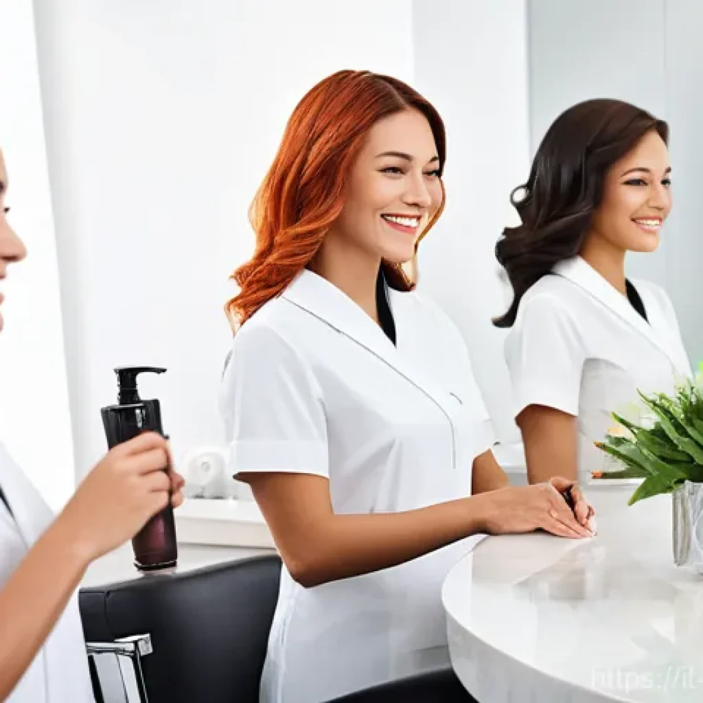 헤어디자이너 팀워크 중요성 - **Enchanting Welcome and Personalized Service:** A brightly lit, modern hair salon with elegant Ital...