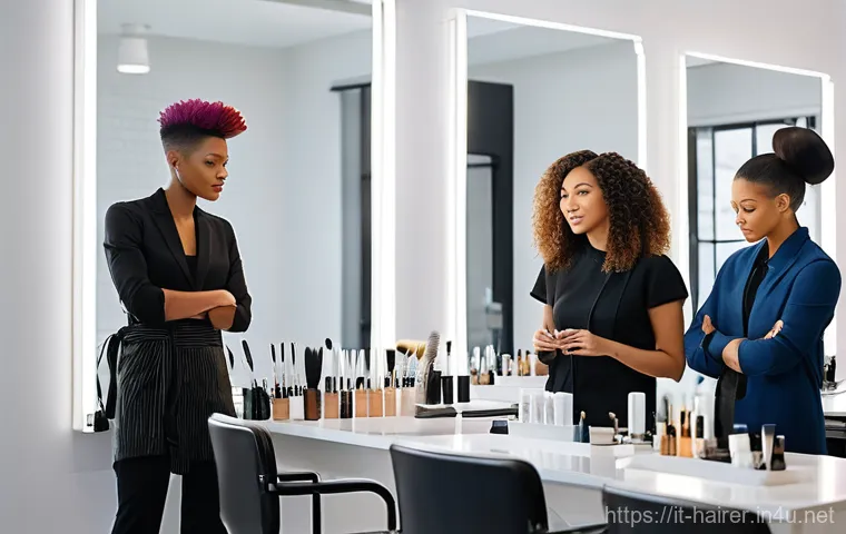 헤어디자이너 팀워크 중요성 - **Enchanting Welcome and Personalized Service:** A brightly lit, modern hair salon with elegant Ital...