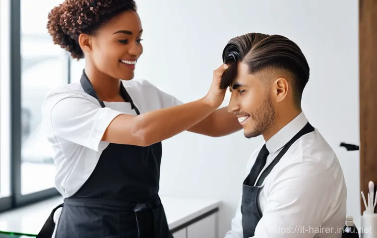 헤어디자이너 고객 응대 스킬 - **Prompt:** An elegant and immaculately clean Italian hair salon interior bathed in soft, inviting n...