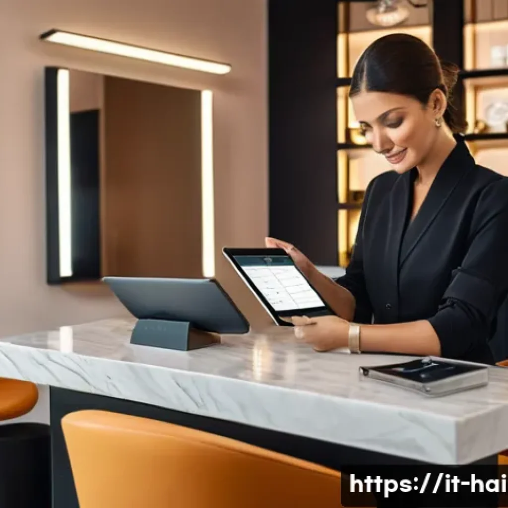 헤어디자이너와 IT 기술 접목 - A modern Italian beauty salon interior featuring a professional hairstylist using a digital appointm...