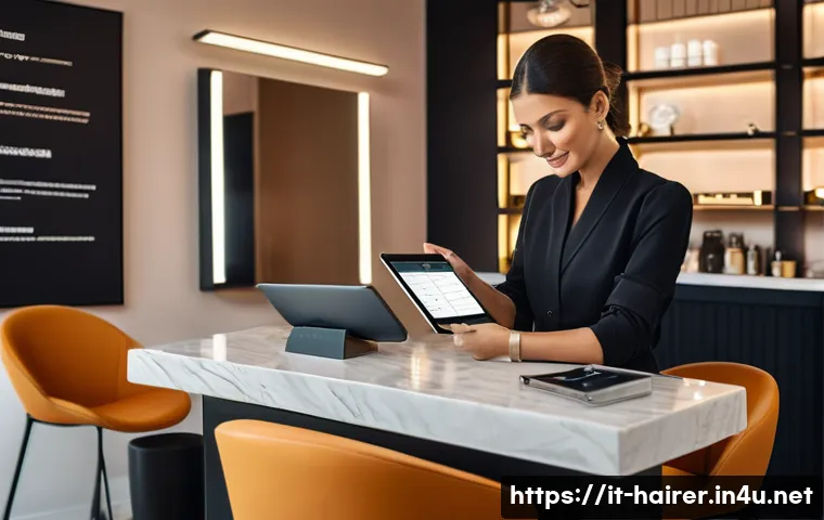 헤어디자이너와 IT 기술 접목 - A modern Italian beauty salon interior featuring a professional hairstylist using a digital appointm...