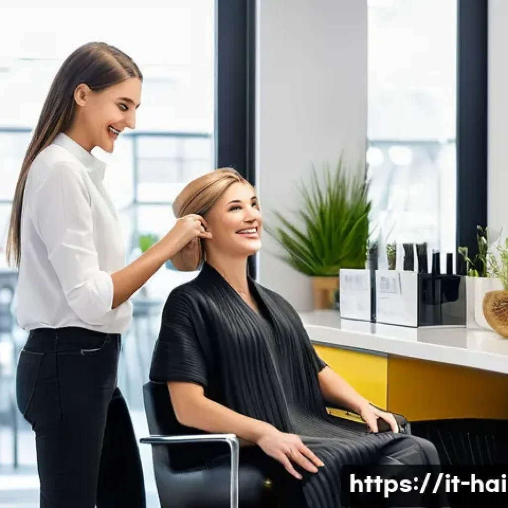 헤어디자이너의 하루 루틴 - A modern Italian hair salon interior during a warm, welcoming client reception moment: a professiona...