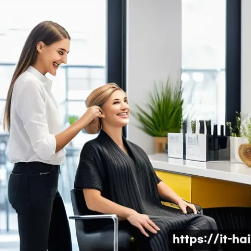 헤어디자이너의 하루 루틴 - A modern Italian hair salon interior during a warm, welcoming client reception moment: a professiona...