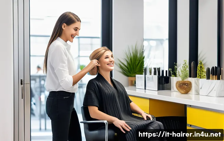 헤어디자이너의 하루 루틴 - A modern Italian hair salon interior during a warm, welcoming client reception moment: a professiona...