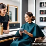 헤어디자이너 자기 계발 방법 - A modern Italian hair salon interior featuring a professional hairstylist attentively listening to a...