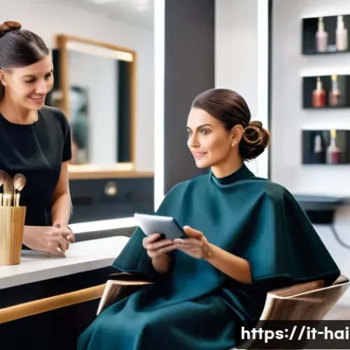 헤어디자이너 자기 계발 방법 - A modern Italian hair salon interior featuring a professional hairstylist attentively listening to a...