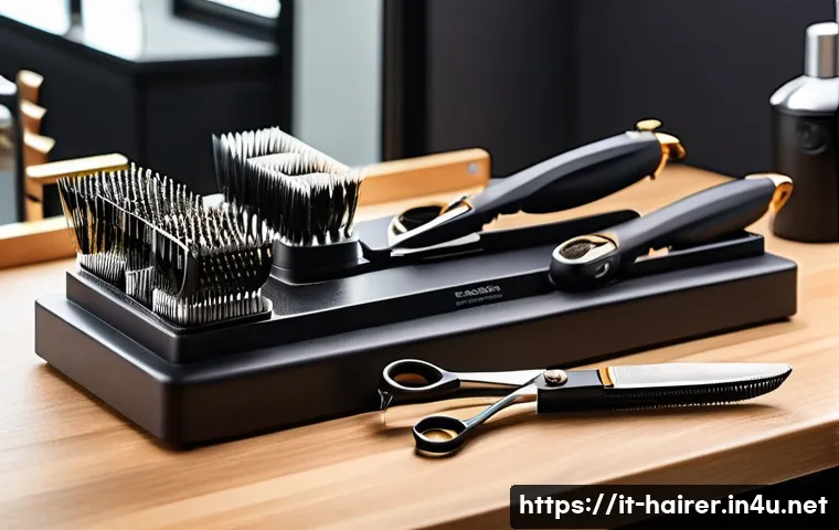 헤어디자이너 추천 장비 - A professional hairstylist’s workstation featuring high-quality stainless steel scissors with ergono...