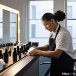 헤어디자이너 인턴 생활 일지 - A young apprentice hairstylist in a modern Italian salon, attentively preparing hair care products a...