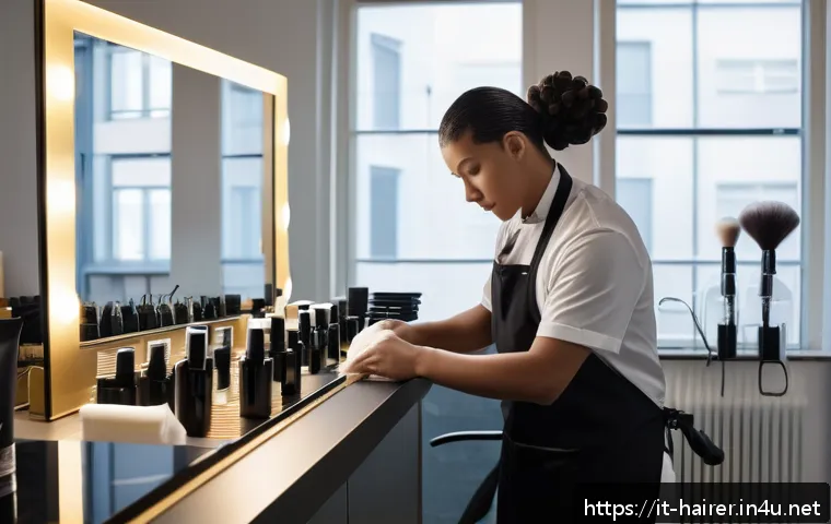 헤어디자이너 인턴 생활 일지 - A young apprentice hairstylist in a modern Italian salon, attentively preparing hair care products a...