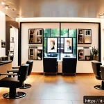 헤어디자이너 외국 고객 응대 팁 - A modern, multicultural hair salon interior designed to welcome international clients, featuring mul...