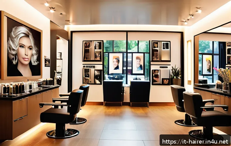 헤어디자이너 외국 고객 응대 팁 - A modern, multicultural hair salon interior designed to welcome international clients, featuring mul...