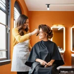 헤어디자이너 유튜브 채널 운영법 - A bright and modern hair salon interior in Italy during daytime, featuring a professional female hai...